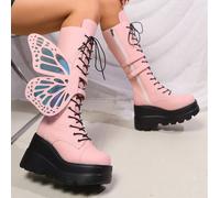 Bottes hautes à bout rond et talon épais pour femmes, roses, bottes de mode à lacets et élastiques pour l'automne/l'hiver, chaussures Y2K CN35,CN36,CN37,CN38,CN39,CN40,CN41,CN42,CN43Microfiber