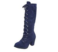 Bottes hautes à lacets pour femme - Talon bloc - En daim, bleu, 37 EU