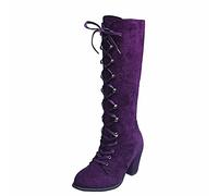 Bottes hautes à lacets pour femme - Talon bloc - En daim, violet, 38 EU