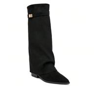 Bottes Hautes à Recouvrement à Boucle Dorée - L'Allure Cavalière Urbaine Marche Fluid : Talon bloc bas simple, légèrement biseauté à l'arrière, offre une assise parfaite et une stabilité optimale pour