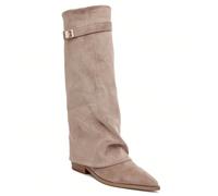 Bottes Hautes à Recouvrement à Boucle Dorée - L'Allure Cavalière Urbaine Marche Fluid : Talon bloc bas simple, légèrement biseauté à l'arrière, offre une assise parfaite et une stabilité optimale pour