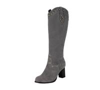 Bottes Hautes À Rivets Boots Longues En Daim for Femme Bottes Hautes Élastiques À Talons Carrés Boots De Cowboy Western Traditionnelles Talons Hauts Automne-hiver Avec Fermeture Éclair(Gray,36 EU)