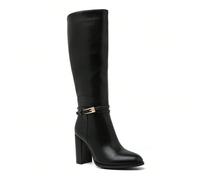 Bottes Hautes en Cuir Lisse à Talon Épais - L'Élégance Graphique Moderne Fermoir Bijou Graphique : Unique boucle dorée rectangulaire épurée qui habille la cheville et signe l'élégance de cette créatio