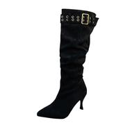 Bottes Hautes en Daim Femme - Bottes Talon Aiguille Boots Longue ÉLéGant à Bout Pointu Couleur Unie Chaussures Hiver Confortable Boots Mi-Mollet Grande Taille avec Boucles