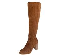 Bottes hautes en daim pour femme - Fermeture éclair latérale - Talon bloc - Bout rond - Tige extensible pour mollets larges - Trois couleurs - Noir, marron, beige - Convient pour les promenades en