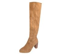 Bottes hautes en daim pour femme - Fermeture éclair latérale - Talon bloc - Bout rond - Tige extensible pour mollets larges - Trois couleurs - Noir, marron, beige - Convient pour les promenades en
