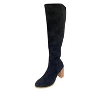Bottes hautes en daim pour femme - Fermeture éclair latérale - Talon bloc - Design à bout rond - Tige extensible pour mollets larges - Trois couleurs - Noir, marron, beige - Convient pour les
