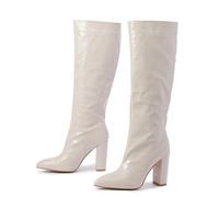 Bottes hautes en similicuir crocodile à bout pointu et talon bloc pour femme, blanc, 37 EU