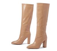 Bottes hautes en similicuir crocodile à bout pointu et talon bloc pour femme, kaki, 36.5 EU