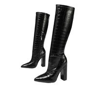 Bottes hautes en similicuir crocodile à bout pointu et talon bloc pour femme, noir 1, 39 EU