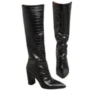 Bottes hautes en similicuir crocodile à bout pointu et talon bloc pour femme, Noir , 37 EU
