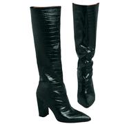 Bottes hautes en similicuir crocodile à bout pointu et talon bloc pour femme, vert foncé, 37.5 EU