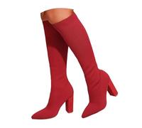 Bottes hautes en tricot pour femme - Talon bloc épais - Bout pointu - Extensible - À enfiler, Rouge, 37.5 EU