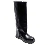 Bottes hautes fantaisistes avec semelle crantée et tige plissée Ajoutez une touche d'affirmation à votre look avec des bottes hautes au design moderne et structuré. Leur semelle épaisse crantée offre 