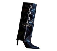 Bottes Hautes Femme Boucle De Ceinture Talon Haut Aiguille Bout Pointu Bottes en Similicuir Tendances Elegant Boots Automne Hiver Antidérapant Chaussures Femme (Black, 39)