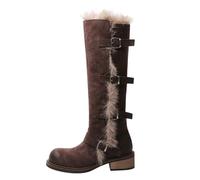 Bottes Hautes Femme d'Hive Talon Bas Bout Rond Doublure En Peluche Chaude Boucle Bottes Semelle Antidérapante Vintage Tendance Chaussures Décontractées 35