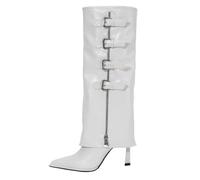 Bottes hautes larges au-dessus du genou pour femme, tissu de cowboy, talon épais, talon bas, boucle de ceinture, bottes hautes pour femme, blanc, 36 EU