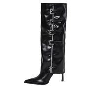 Bottes hautes larges au-dessus du genou pour femme, tissu de cowboy, talon épais, talon bas, boucle de ceinture, bottes hautes pour femme, Noir , 39.5 EU