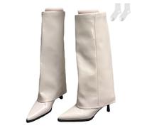 Bottes Hautes Minimalistes Femme À Talon Bas Bottes À Bout Pointu Élégantes Chaussures Mode Hiver Confortables Pour Bureau Soirées Voyages,Blanc,38 EU