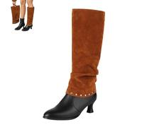 Bottes Hautes Pointues Pour Femmes, Bottes Plissées Grande Taille Pour Femmes Bottes De Chevalier À Double Usage Bottes D'équitation Élégantes Et Confortables À Tube Large,Black + brown,43 EU