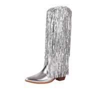 Bottes hautes pour femme avec franges en strass scintillantes - Bottes de cowboy western scintillantes - Bout pointu - Bloc au genou - Talon central épais à enfiler - Chaussures imperméables pour