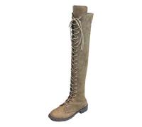 Bottes hautes pour femme avec lacets - Bottes plates antidérapantes - Bottes longues en daim - Bout rond - Bottes à enfiler - Couleur unie - Élégantes, kaki, 41 EU