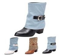 Bottes hautes pour femme avec talon élégant - Bottes souples Fold Over Shark Bottes mi-hautes à enfiler Talon bloc Bottines à bout pointu Bottes d'hiver mi-saison, Noir , 38 EU