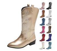Bottes hautes pour femme - Bottes hautes de style cowboy occidental grande taille avec gros talon haut, bottes longues brodées en cuir, chaussures tendance rétro verni pour l'automne et l'hiver, rose