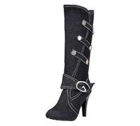Bottes hautes pour femme - Bottes larges - Bottes de requin surdimensionnées - Chaussures d'hiver en jean épais - Talons hauts - Boucle de ceinture - Bottes hautes pour enfants - Bottes longues, Noir