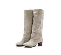 Bottes Hautes Pour Femmes, Élégantes Bottes En Daim À Tige Haute Plissée Et Petit Talon Bloc Confortables Et À Bout Rond Idéales Pour Les Soirées D'automne Et D'hiver En Extérieur,Beige,36 EU