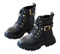 Bottes Hautes pour Filles avec Lacets, Botte d'Équitation avec Fermetures Éclair Latérales, Mi-Mollet en Cuir PU, Chaussures d'École Imperméables Bottines Élégantes en Cuir (Black, 9.5-10 Years)