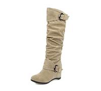 Bottes Hautes Rétro À Talons Compensés,Boots Élégantes À Tige Longue for Femmes Avec Boucle,bottes Chaudes À Enfiler En Daim D'hiver,Boots De Neige En Plein Air,chaussures De Fête ( Color : Beige , Si