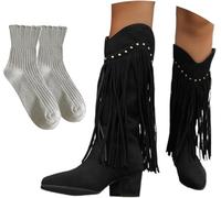 Bottes Hautes Vintage avec Franges Bottes De Cow-Boy Western pour Femmes Bottes Longues à Bout Pointu avec Talon Bloc Bottes De Nuit à La Mode avec Rivet, Black, 5.5 UK