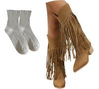 Bottes Hautes Vintage avec Franges Bottes De Cow-Boy Western pour Femmes Bottes Longues à Bout Pointu avec Talon Bloc Bottes De Nuit à La Mode avec Rivet, Brown, 6.5 UK