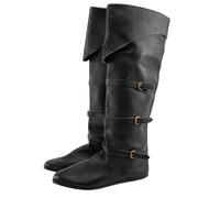 Bottes Homme Hautes Style Pirate Médiéval, Tige Aspect Cuir Vieilli avec Rabat, Multiples Sangles à Boucles Décoratives, Bout Rond, Semelle Stable, Bottes Costume pour Cosplay, Théâtre, Reconstitution