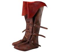 Bottes Homme Hautes Style Pirate Médiéval, Tige Aspect Cuir Vieilli avec Rabat, Multiples Sangles à Boucles Décoratives, Bout Rond, Semelle Stable, Bottes Costume pour Cosplay, Théâtre, Reconstitution