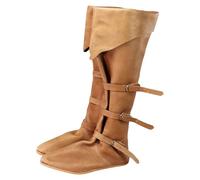 Bottes Homme Hautes Style Pirate Médiéval, Tige Aspect Cuir Vieilli avec Rabat, Multiples Sangles à Boucles Décoratives, Bout Rond, Semelle Stable, Bottes Costume pour Cosplay, Théâtre, Reconstitution