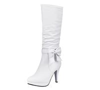 Bottes Longues du Genou Longues Genou arcs Talon épais Bottes à Talons Hauts Chaussures en Cuir Chaussures Hiver Boots Élégant Mode Hauts (White, 38)