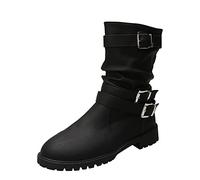 Bottes longues en caoutchouc pour femmes Noir Couleur unie Boucle de ceinture en froissé avec Talon épais et Bottes moyennes à la mode Festival Bottes en caoutchouc Femmes Rose Blanc Confortable, Noir