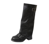Bottes longues en cuir de mouton pour femme - Élégantes - Avec boucle de ceinture et talon - Franges - En caoutchouc - Longueur genou - Bottes creuses - Antidérapantes - Bottes de chevalier, Noir , 38