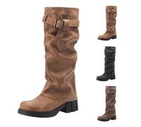Bottes longues en daim pour femme - Bottes d'équitation épaisses et basses avec boucle rétro - Bottes hautes de cowgirl confortables - Bottines d'hiver d'automne occidentales, marron, 36 1/3 EU