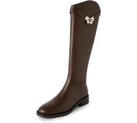 Bottes Longues Femme Style Britannique Cent Bottes Hautes Talon épais Serrure Boucle Tête Ronde Bottes en Cuir Automne Et Hiver Casual Mode Chevalier Bottes, Brown, 3.5 UK