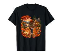 Bottes Marchant sur Un Chemin Couvert de Feuilles vers Une cabane T-Shirt