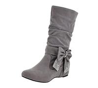 Bottes mi-hautes pour femme avec nœud amovible, bottes en daim pour femme, bottes chaudes d'hiver avec strass, bout rond, bottes à enfiler, couleur unie, gris, 40 EU