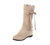 Bottes mi-longues en daim pour femme avec bordure festonnée, nœud décoratif à talon haut et fermeture éclair latérale, kaki, 37.5 EU