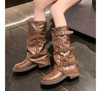 Bottes mi-mollet à boucles à sangles multiples pour femmes, bottes de cow-boy occidentales rétro doux marron, bottes de cavalière à talon épais et tige haute, bottes fines à talons hauts de style brit
