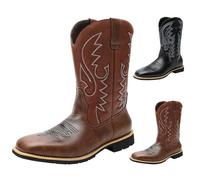 Bottes mi-mollet à enfiler pour homme, bottes de cowboy classiques brodées à tête large, bottes de marche antidérapantes vintage en cuir synthétique pour concert, quotidien, mariage, marron, 38 2/3 EU