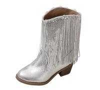 Bottes mi-mollet à paillettes pour filles - Coupe en V - Bout pointu - Talon bloc épais - Bottes de cowboy - Chaussures de princesse, Argenté., 30 EU