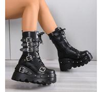Bottes mi-mollet à semelle épaisse pour femmes, doublure chaude, style punk sombre avec fermeture éclair latérale, pour l'automne, l'hiver et le printemps, talon compensé, bottes de moto noires avec r