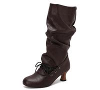 Bottes Mi Mollet d'Inspiration Victorienne Femme en Simili Cuir Plissé Lacets Devant Talon Kitten Élégantes Chaussures Costume et Casual,Dark Brown,41 EU